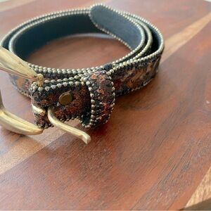 Vintage Embroidered Floral Gold Studded Glittery Leather Belt Women Size Small